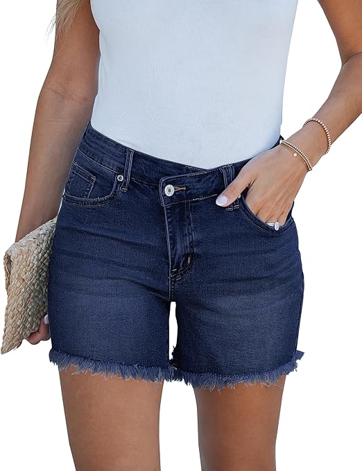 Jean Shorts for Women Low Waisted Trendy Stretchy Crossover Waist Denim Shorts Raw Hem Casual Summer Pockets