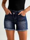 Jean Shorts for Women Low Waisted Trendy Stretchy Crossover Waist Denim Shorts Raw Hem Casual Summer Pockets